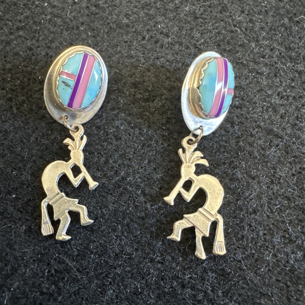 Vintage Native Signed LIZ Sterling Cocopelli Turquoise Inlaid Earrings Zuni Styl